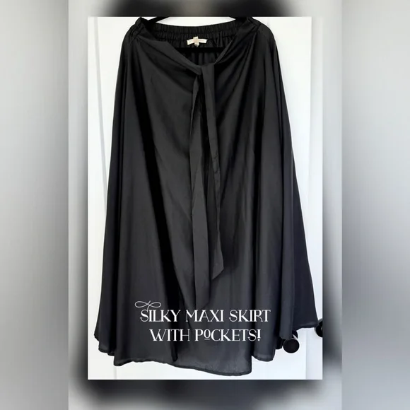 Black Silky Maxi Skirt with Tie Front and POCKETS!!! - Picture 1 of 4